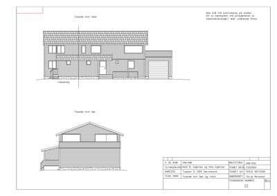 Fasadetegning som viser bygningens utseende fra vest og sør.