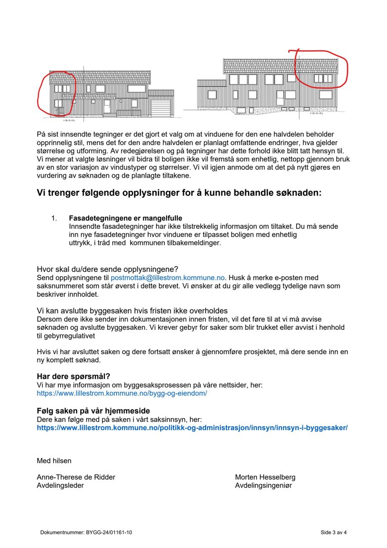 Fotografi av et brev fra kommunen som omhandler mangelfulle fasadetegninger og vedrørende vinduvalg.
