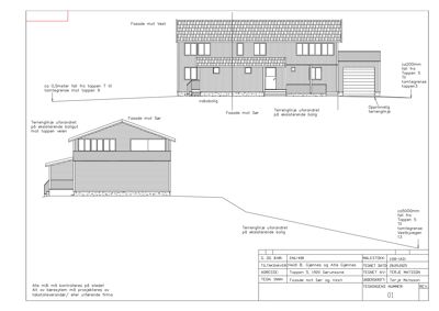 Fasadetegning som viser bygningens utseende fra vest og sør, inkludert terrengforhold og nabobolig.