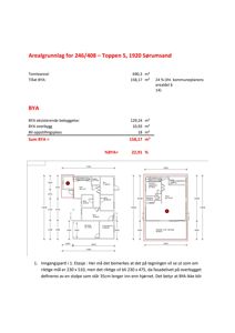 Etasjeplan med romfordeling og mål for et hus, inkludert en teknisk notat om inngangsparti.