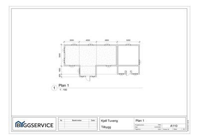 Etasjeplan (Plan 1) med romfordeling, dimensjoner og veggtykkelse for en tilbygg.