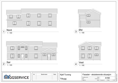 Fasadetegning som viser bygningens utseende fra fire sider: Nord, Øst, Sør og Vest.