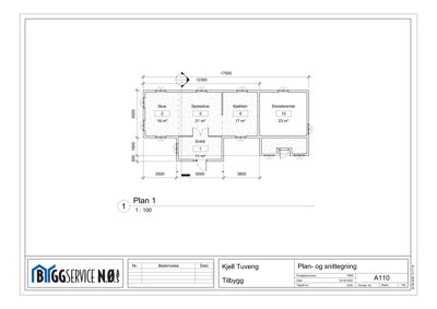 Etasjeplan (Plan 1) som viser romfordeling, arealer og dimensjoner for en tilbygg.