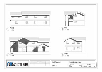 Fasadetegning som viser bygningens utsyn mot Nord, Sør, Øst og Vest.