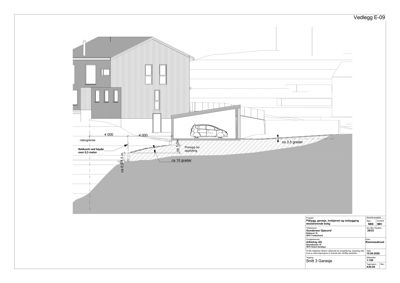 Snittegning som viser bygningens høyde, grunnforhold, takhøyde og terrengforhold.