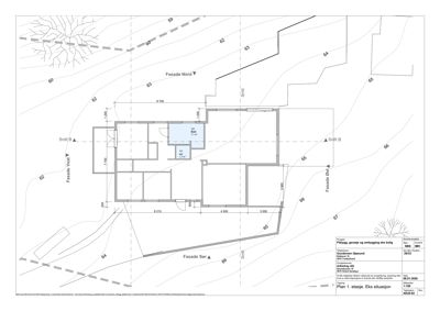 Etasjeplan med situasjonsutsnitt (fasader og snitt) for en bolig