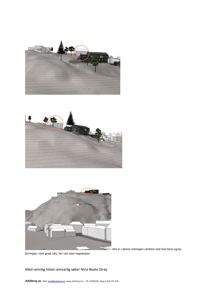 Tre 3D-visualiseringer (renderinger) som viser utsikt fra ulike vinkler på et planlagt bygg, med omgivende terreng og beplantning.