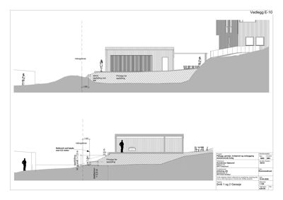 Snittegning som viser bygningens høyde, terrengforhold og grunnmur.