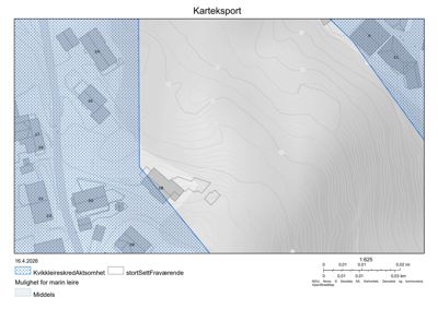 Kart over et område med topografiske linjer, bebyggelse og arealbruk (KvikkleireskredAksjommet).