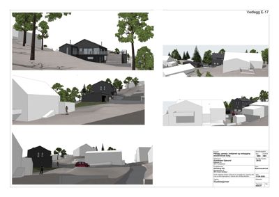 3D-visualiseringer (renderinger) av et hus og omgivelsene sett fra ulike vinkler.