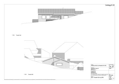 Fasadetegning som viser bygningens utseende fra vest og øst.