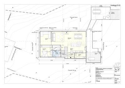Etasjeplan for 2. etasje som viser romfordeling, dimensjoner og fasader.