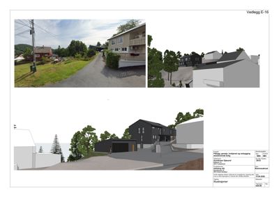 Illustrasjon av et nytt hus i eksisterende omgivelser