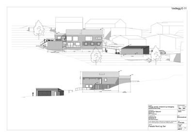Fasadetegning som viser bygningens utseende fra nord og sør, inkludert takform, vinduer, materialer og omgivelser.