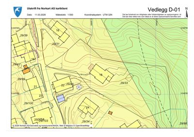 Kart fra Norkart AS som viser etasjeforhold, høydekurver og eiendelsnummerering for et område.
