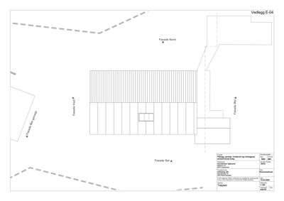 Fasadetegning som viser bygningens utseende fra alle fire sider (Nord, Sør, Øst, Vest) med takform og vindusoppsett.