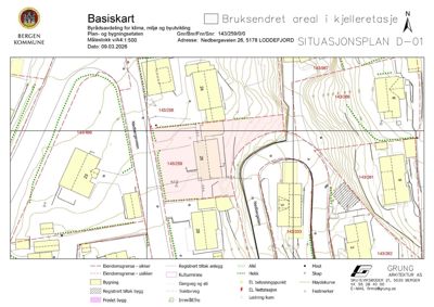 Situasjonsplan (Basiskart) som viser eiendomsgranser, bygninger, vegger, høydekurver og andre detaljer for tomta i Nedbergveien 26.