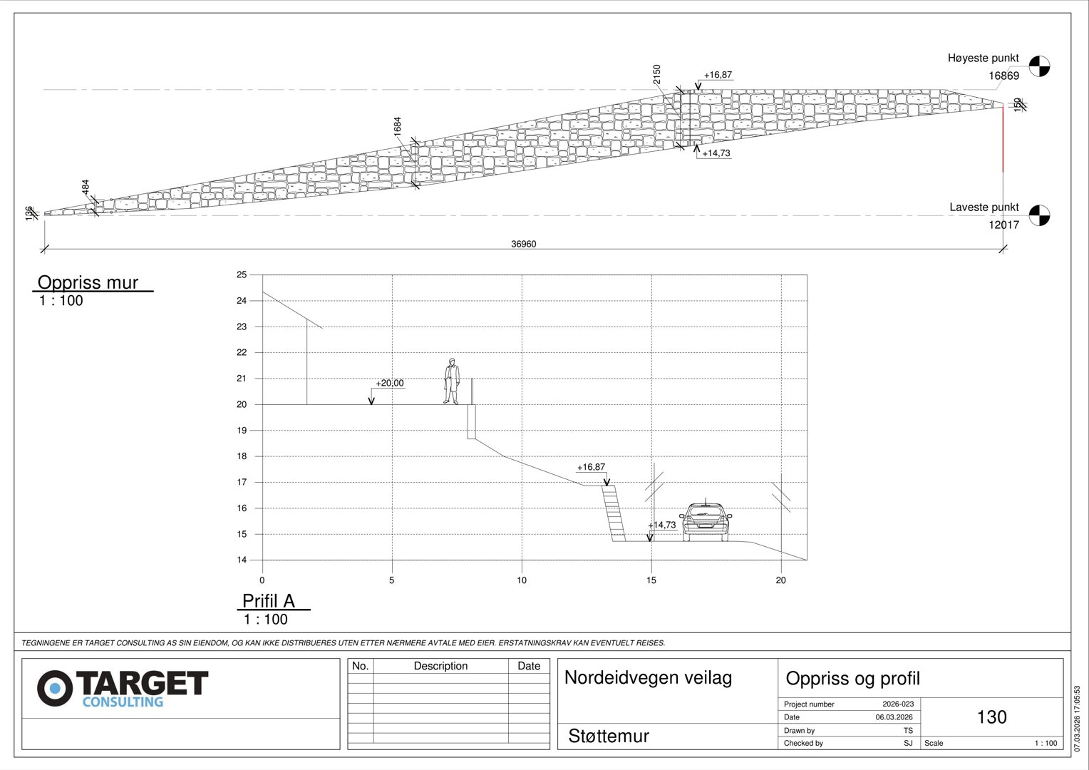 Tegning som viser oppriss (profil) av en støttemur med høydemål og terrengforhold.
