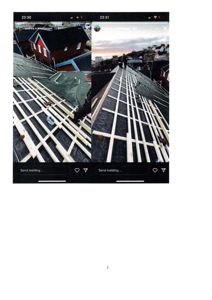 Fotografier av et tak som er under bygging eller rehabilitering, med synlig takramming og takteppe.