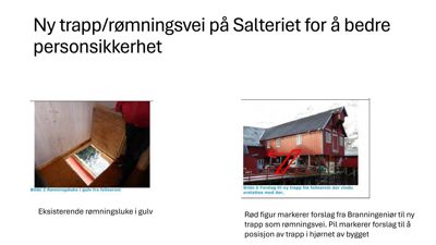 Bildet viser to fotografier som illustrerer en ny trapp/rømningsvei på Salteriet. Det ene bildet viser en eksisterende rømningsluke i gulvet, mens det andre viser et forslag til ny trapp med markeringer.