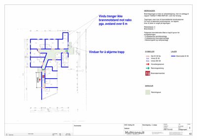 En brannrisikokartlegging (branntegning) som viser romfordeling, vindu- og dørplasseringer, samt brannmotstandskrav for en etasje.