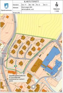 Kartutsnitt (situasjonsplan) som viser eiendomsforhold, vegnett, bebyggelse og topografi for Gnr. 71, Bnr. 194 i Gjøvik kommune.