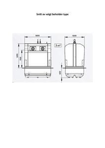 Tegning som viser et snitt av en valgt beholder type med dimensjoner og volumangivelse.