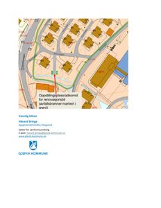 Kart over et område med vei, bebyggelse og en markert oppstillingsplass for renovasjonsbil.