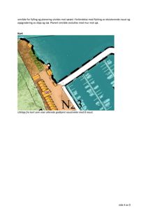 Kart som viser et utklipp fra en situasjonsplan eller havneplan, med fokus på en kai, en brygge og vannområder.