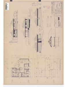 Bildet viser en tegning med flere fasadeoppvisninger (fra ulike vinkler) av en bolig, samt en del av et etasjeplan nederst.