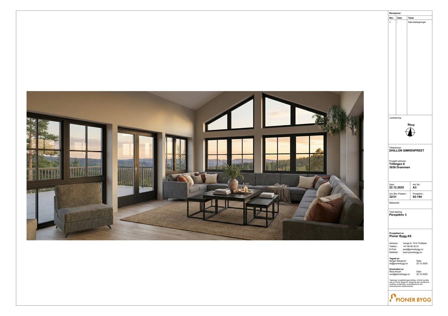 3D-visualisering av et planlagt interiør i stue.