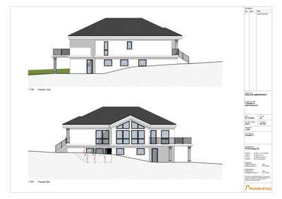 Fasadetegning som viser bygningens utseende fra to ulike vinkler (Vest og Øst).