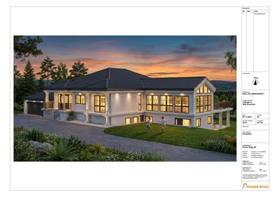 3D-visualisering av en planlagt bolig med omgivelser.