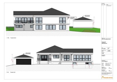 Fasadetegning som viser bygningens utseende sett fra nord og sør.