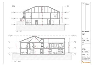 Bildet viser to snittegninger (Snitt A og Snitt B) av en bolig, som illustrerer bygningens tverrsnitt, romfordeling og høydemål.