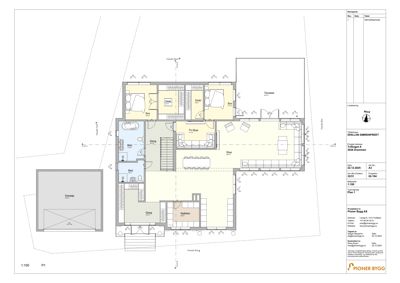 Etasjeplan (Plan 1) som viser romfordeling, veggtykkelse og inngangspunkt for en bolig.