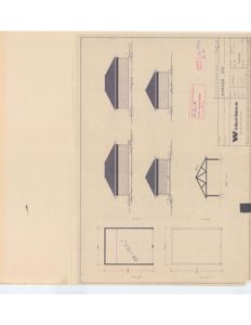 Fasadetegning av en garasje med fire utsikter og et takoppbygg.