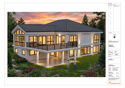 3D-visualisering av et planlagt hus med lys og landskap.