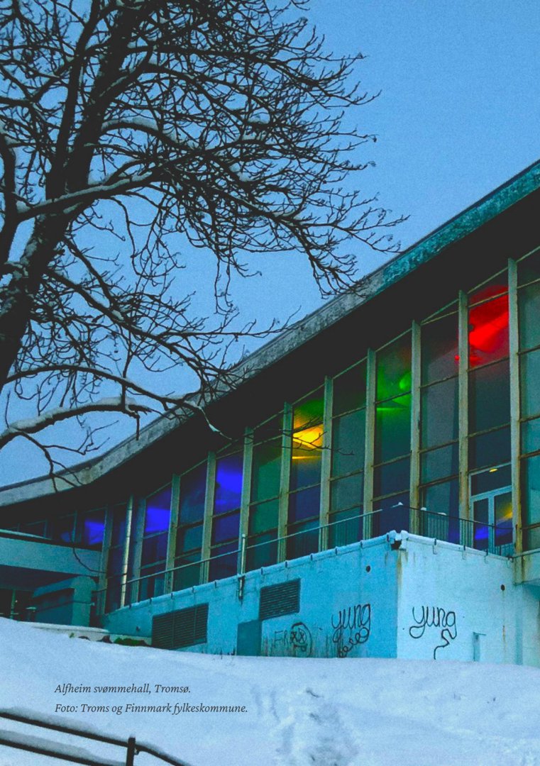 Fotografi av Alfheim svømmehall i Tromsø med snø på bakken og et tre i forgrunnen.