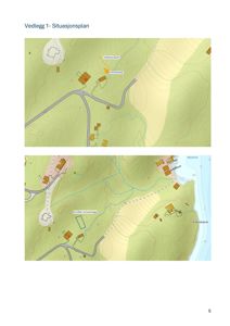 Situasjonsplaner som viser tomtens beliggenhet i forhold til omgivelsene, inkludert topografi, vei og nabobebyggelse.