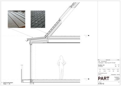 Snitttegning som viser takkonstruksjon med detaljerte innleggsbilleder av takplater.