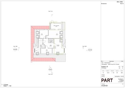 Etasjeplan for 3. etasje av en bygning, som viser romfordeling, dører, vinduer og snittlinjer.