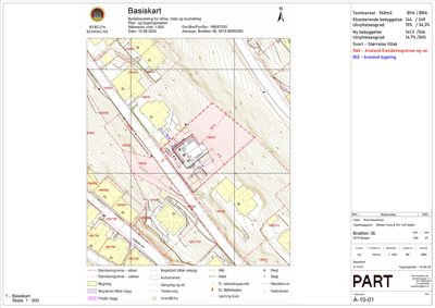 Situasjonsplan (Basiskart) som viser tomtens beliggenhet, eiendomsgrenser, eksisterende og ny bebyggelse samt høydekurver.
