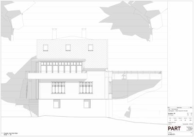 Fasadetegning av bygning sett fra vest (vestfasade).