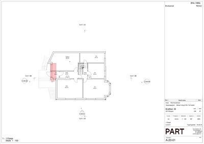 Etasjeplan (1. etasje) som viser romfordeling, bruksareal og snittreferanser.