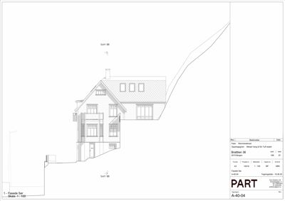 Snittegning (Snitt BB) som viser bygningens tverrsnitt, høydeforhold og konstruksjon.