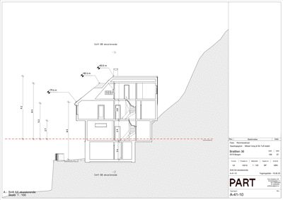 Snittegning (Snitt B6) av eksisterende bygning som viser romfordeling, høyder og konstruksjon.