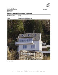 Fotografi av en eksisterende eller planlagt bygning (en hvit villa) med tekst 'Omsøkt tiltak' under bildet.