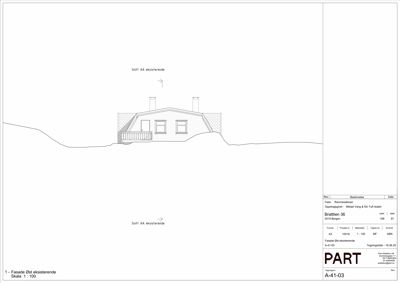 Fasadetegning av eksisterende bygning sett fra øst