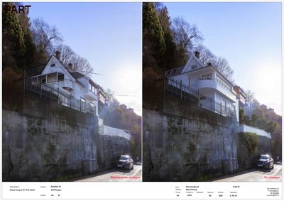 Fotografisk sammenligning av en eksisterende situasjon (venstre) og en planlagt ny situasjon (høyre) for en bygning på Brattåsen 36 i Bergen.